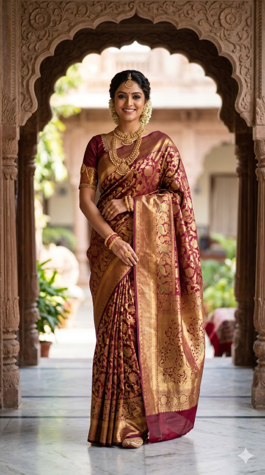 Sawbhagya — traditional saree in elegant courtyard setting